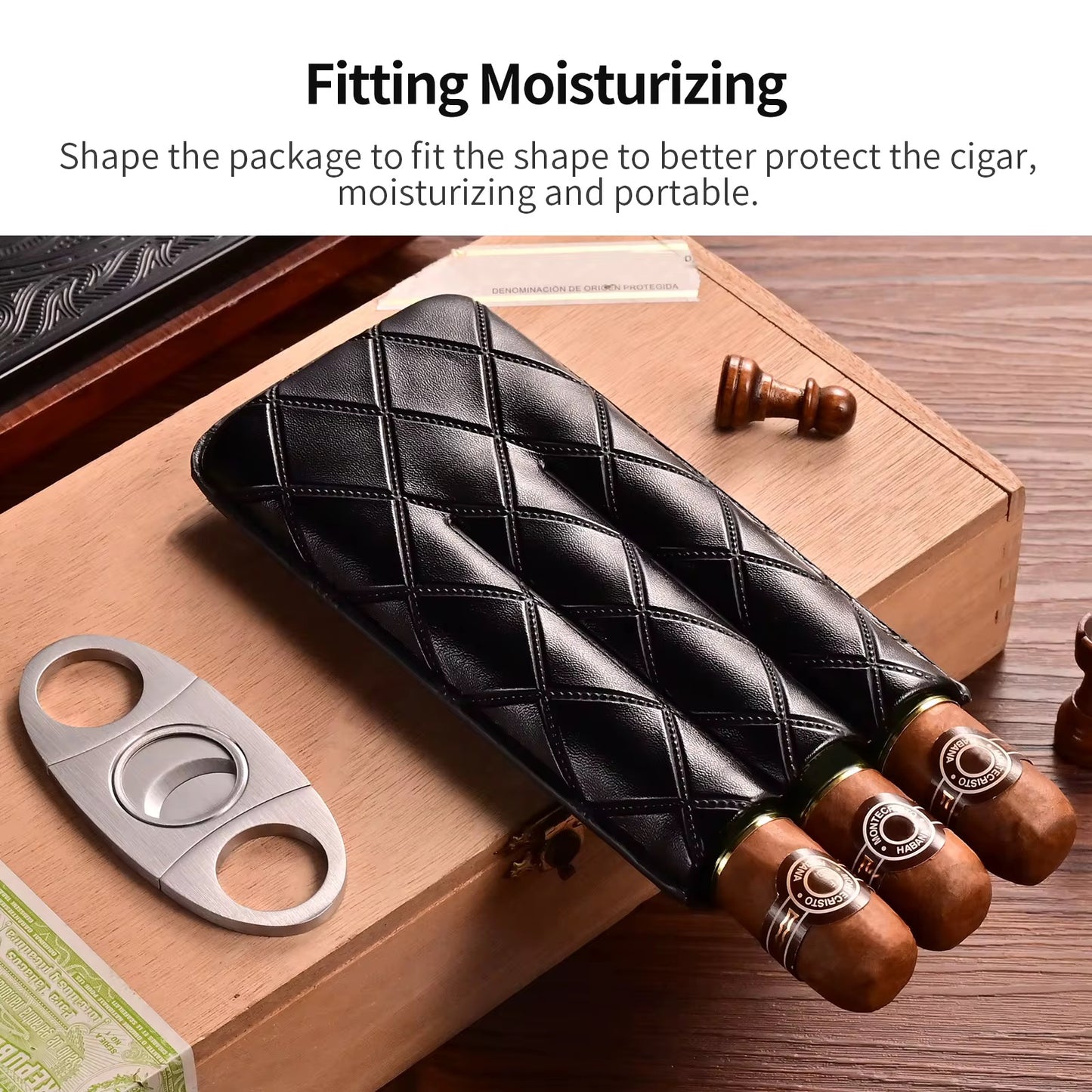 Premium 3-Pocket Leather Cigar Holder – Includes Cutter