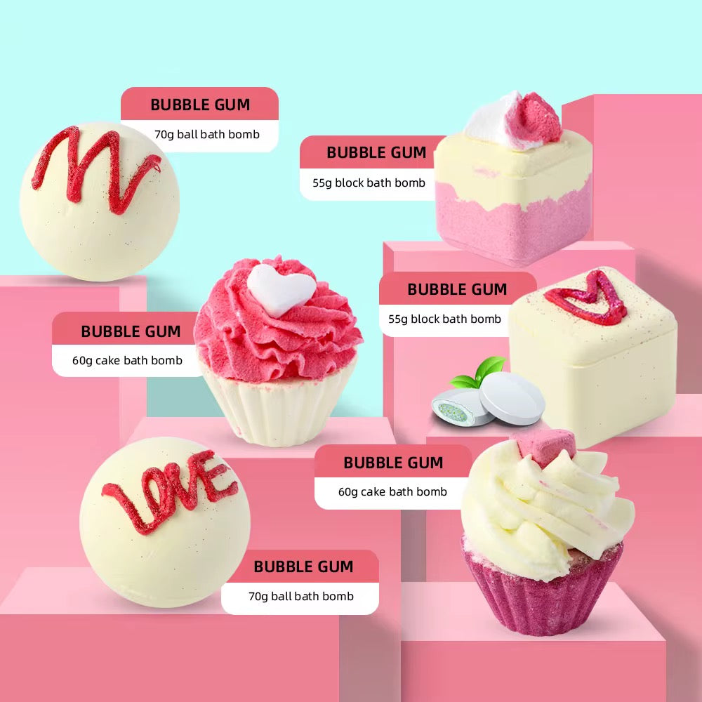 💕 Bubble Gum Bath Bomb Gift Set – 6-Piece Cupcake & Heart Collection