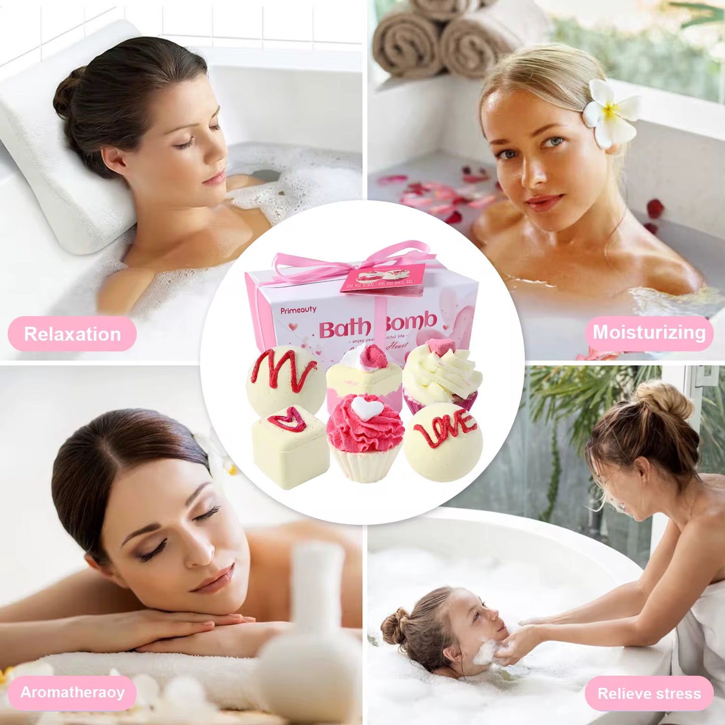 💕 Bubble Gum Bath Bomb Gift Set – 6-Piece Cupcake & Heart Collection